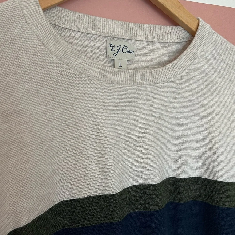 J. Crew Crewneck Sweater. Cream with Green and Navy stripes. Large. - Picture 3 of 4
